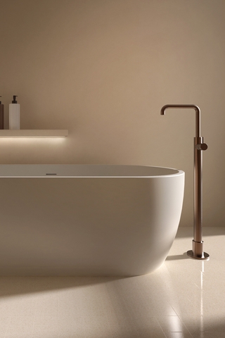 Render of freestanding bath in luxury bathroom environment.