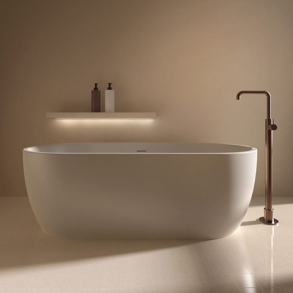 Render of freestanding bath in luxury bathroom environment.