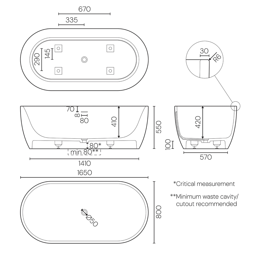 Technical drawing of freestanding bath with dimensions.