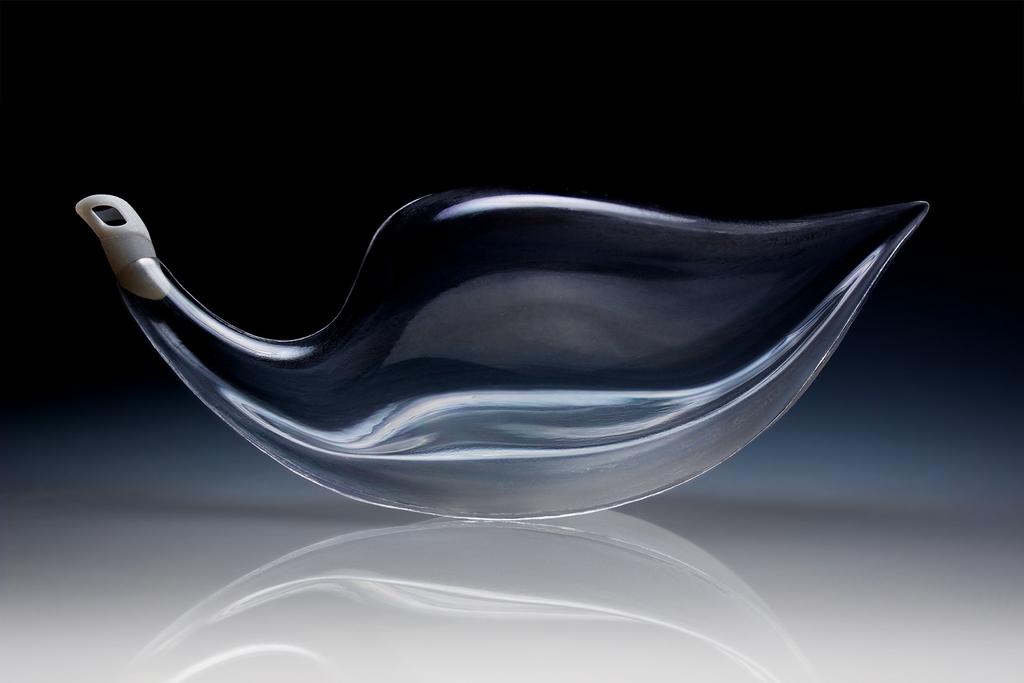 Vacuum-formed plastic bottle design with dramatic curved form.