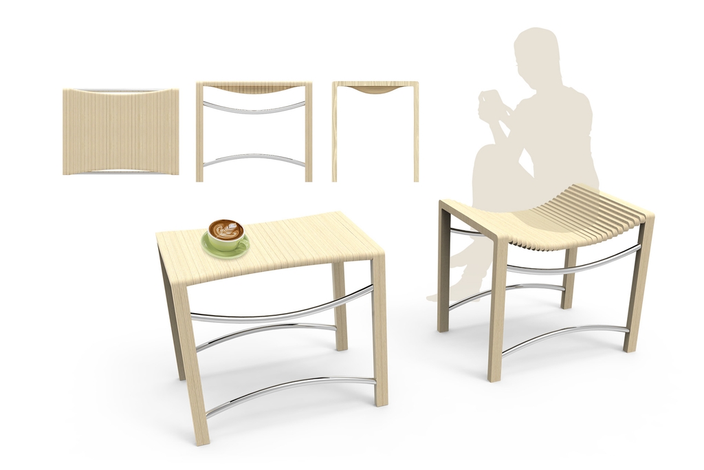 Render of multi-purpose table that becomes flexible when used as a seat.