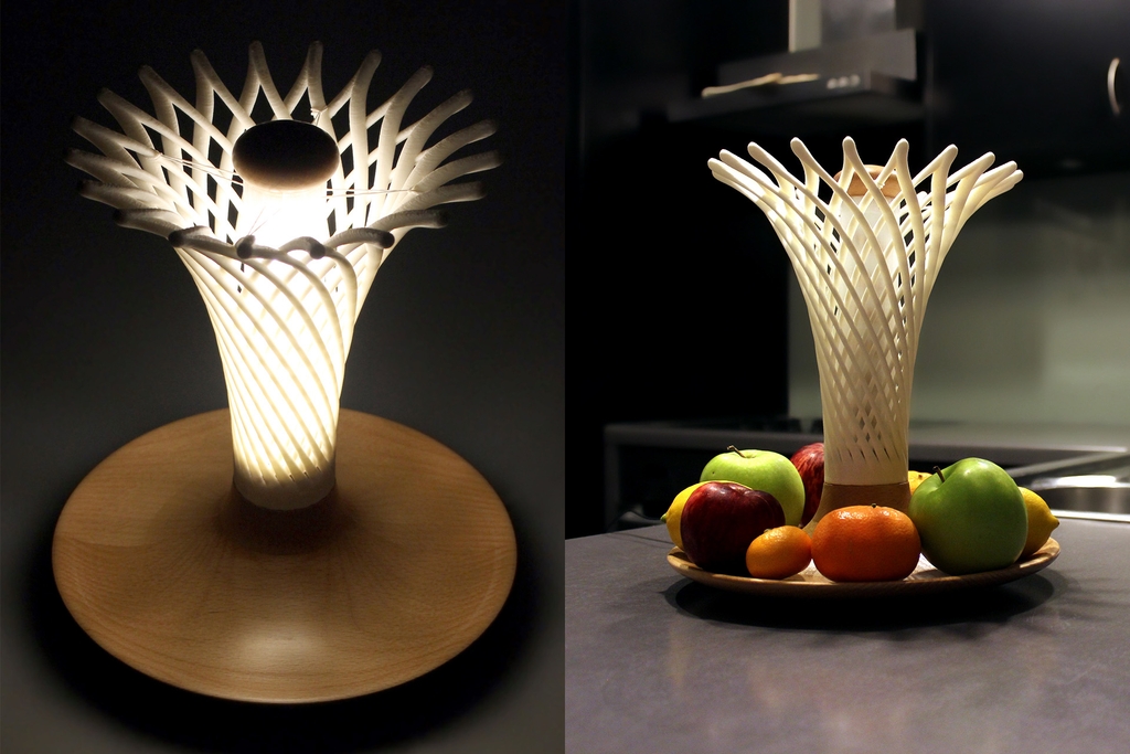 Interactive lamp design with European beech wood base and 3D printed shade.