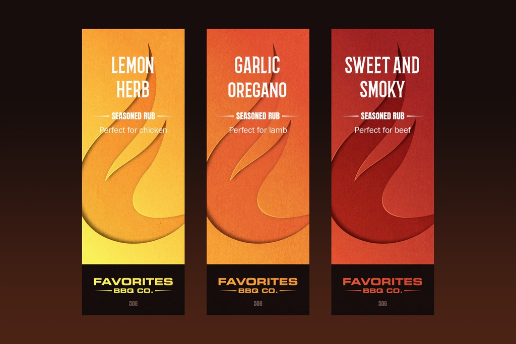 Packaging design for Favorites BBQ Co. seasoned rub boxes.