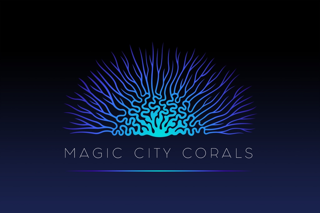Logo design for Magic City Corals, with elegant purple and blue coral silhouette on dark background.