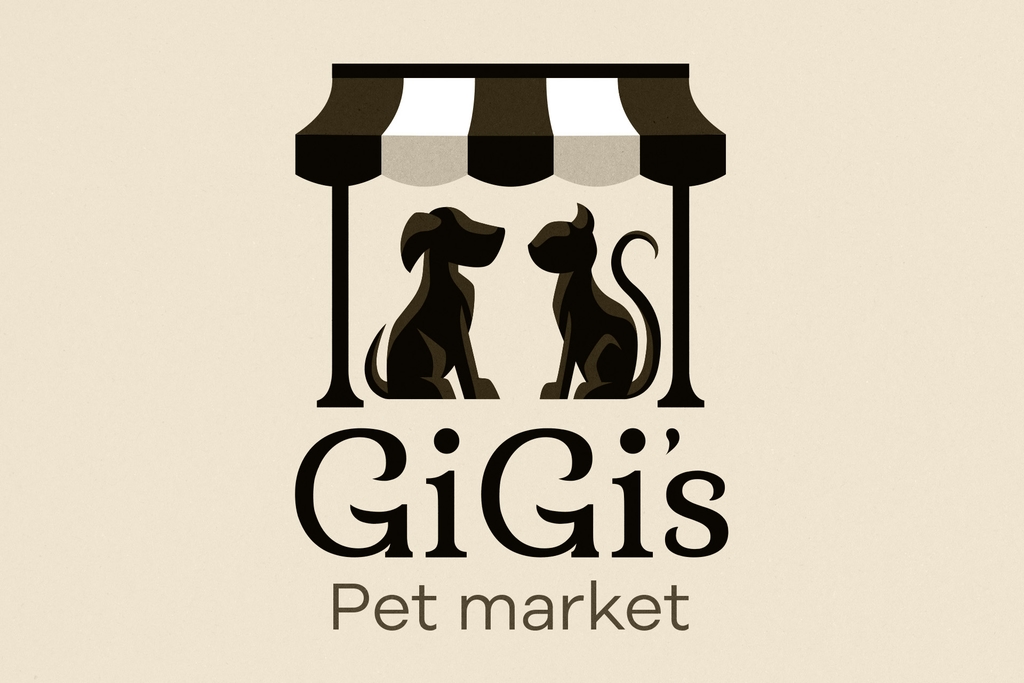 Logo design for GiGi's Pet Market, with dog and cat sitting under awning.